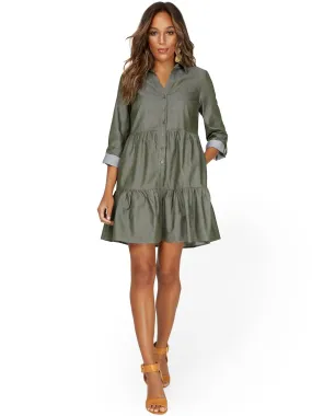 Olive Chambray Tiered Shirtdress