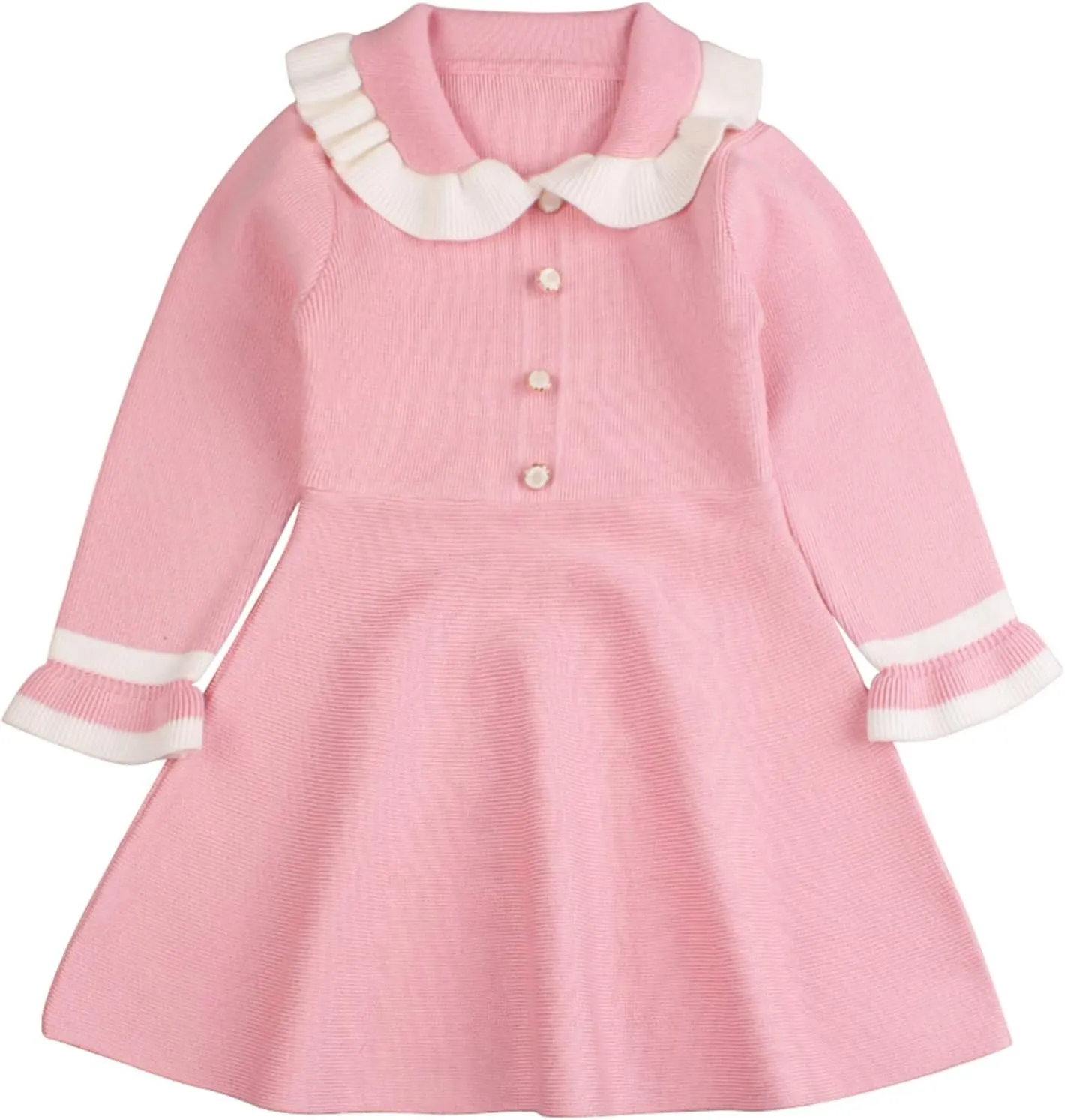 Peecabe Ruffles Toddler Girls Sweater Dress Soft Warm Long Sleeve V-Neck 2-6T Knitted Dress for Fall Winter