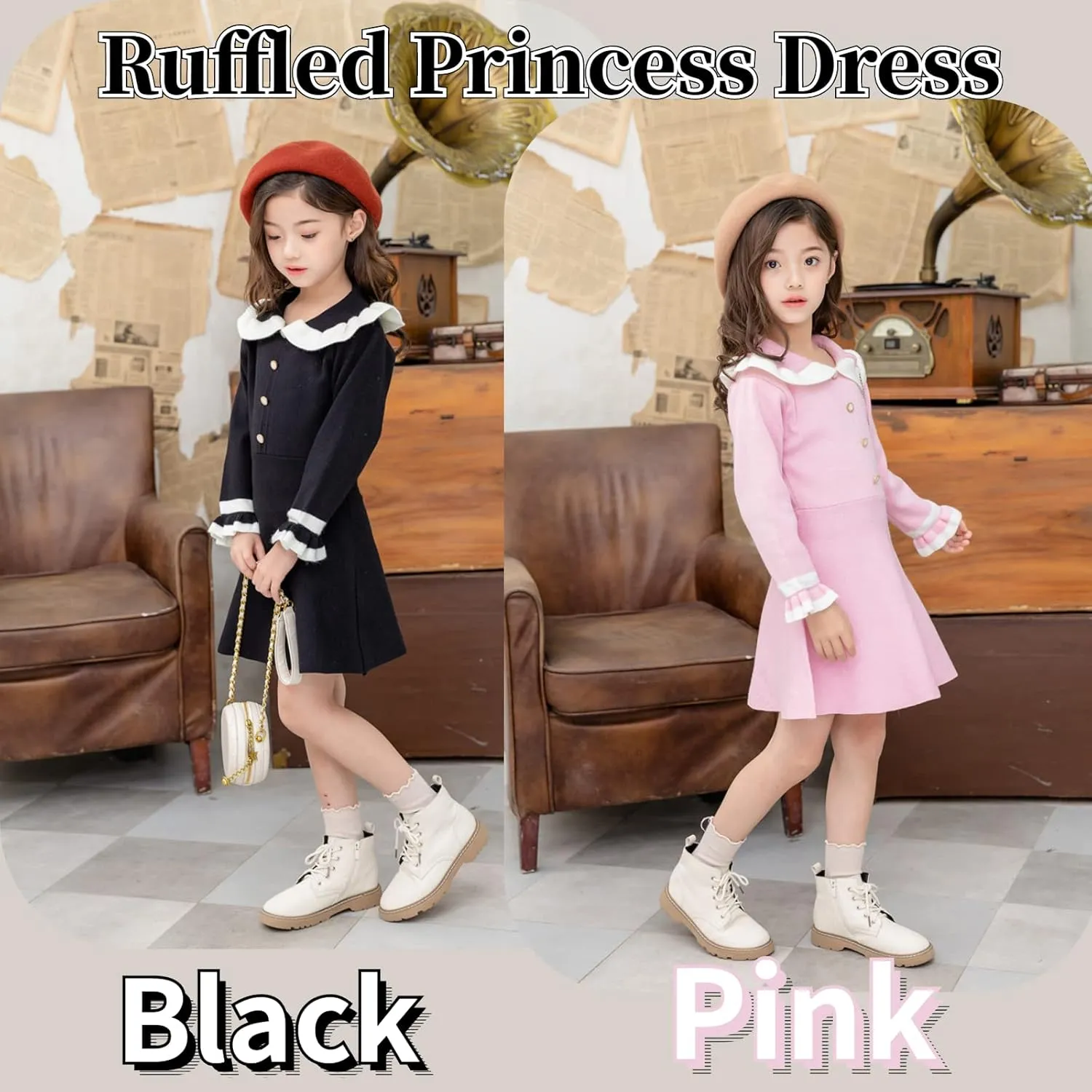 Peecabe Ruffles Toddler Girls Sweater Dress Soft Warm Long Sleeve V-Neck 2-6T Knitted Dress for Fall Winter