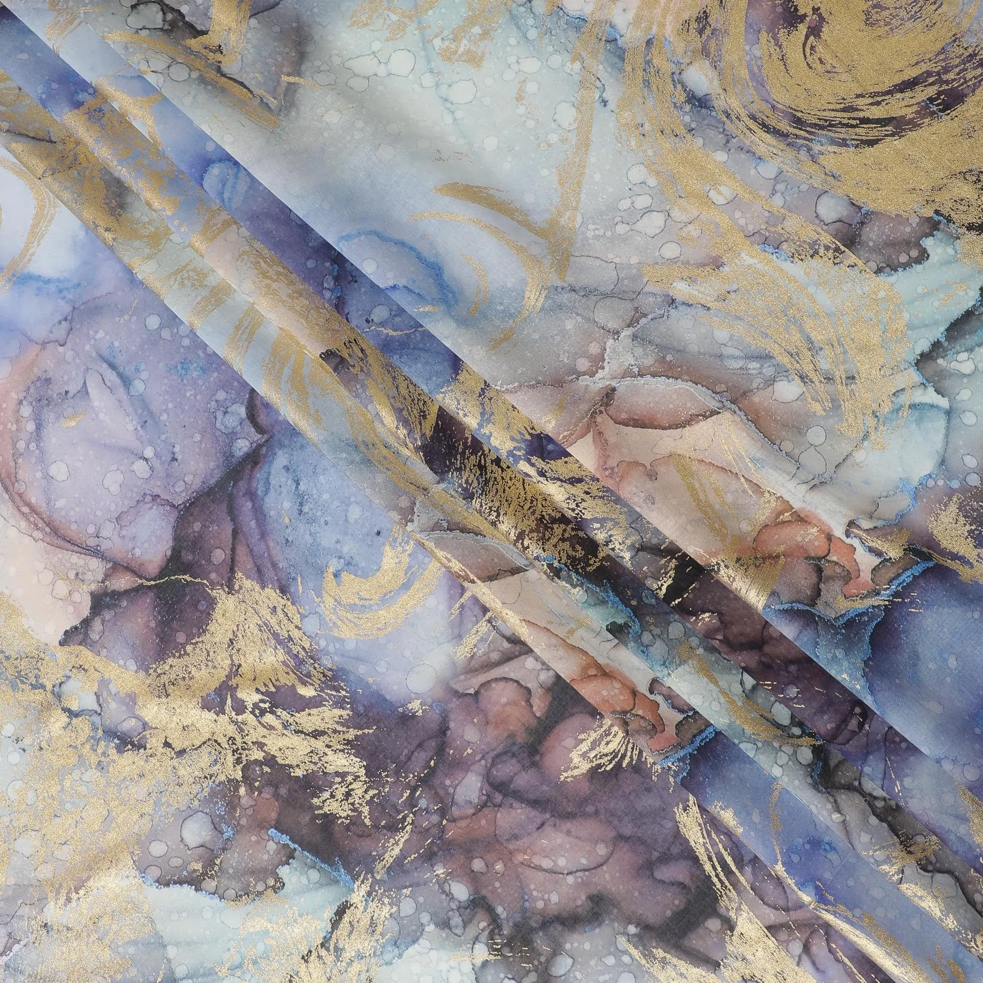 Powder blue Premium Pure Italian cotton voile fabric with multicolor print having golden foil in abstract design-D15712