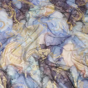 Powder blue Premium Pure Italian cotton voile fabric with multicolor print having golden foil in abstract design-D15712