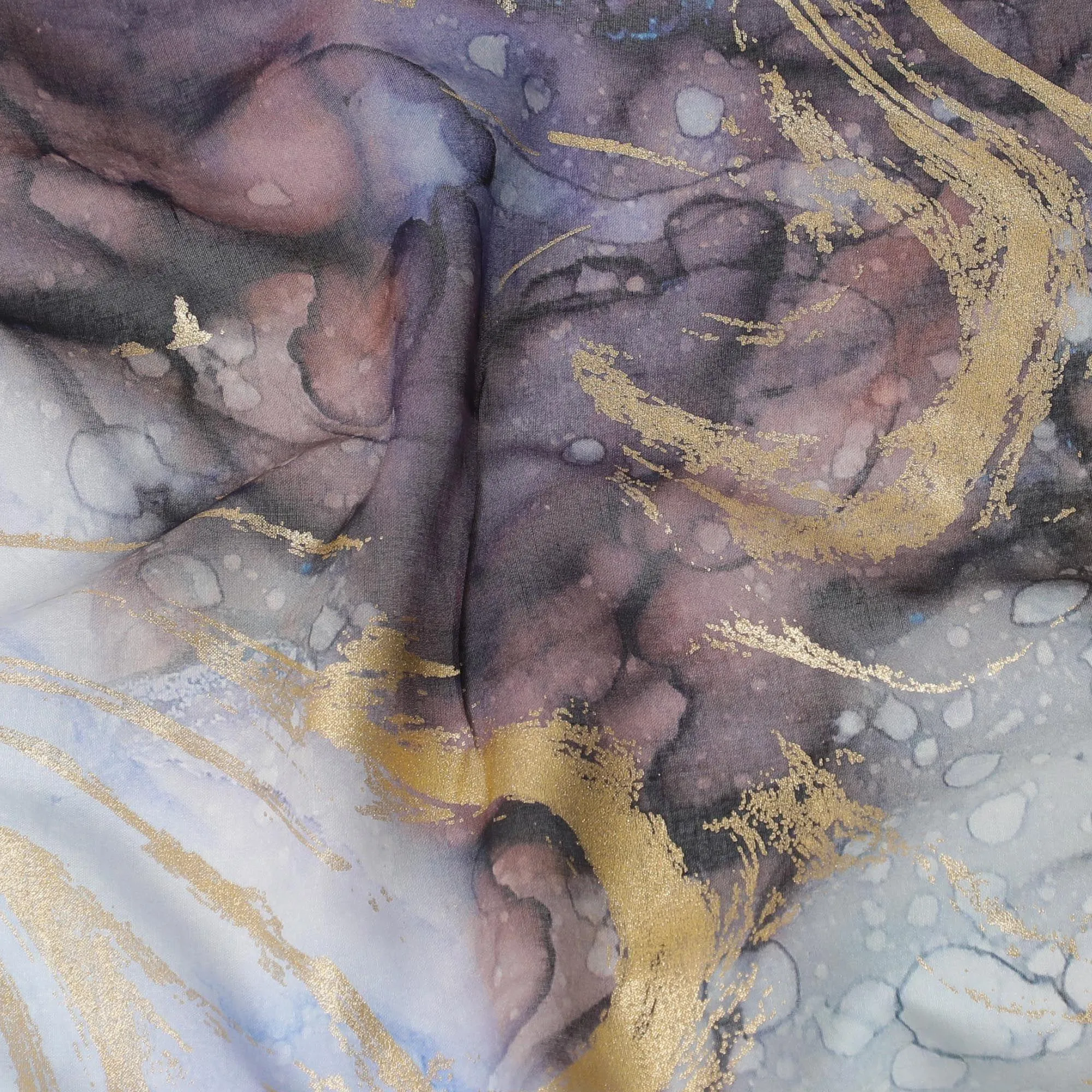 Powder blue Premium Pure Italian cotton voile fabric with multicolor print having golden foil in abstract design-D15712