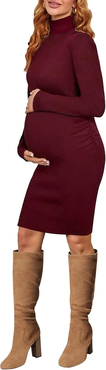 Rheane Turtleneck Maternity Dress, Pregnancy Dress for Fall & Winter; Maternity Sweater Dress for Baby Shower, Christmas