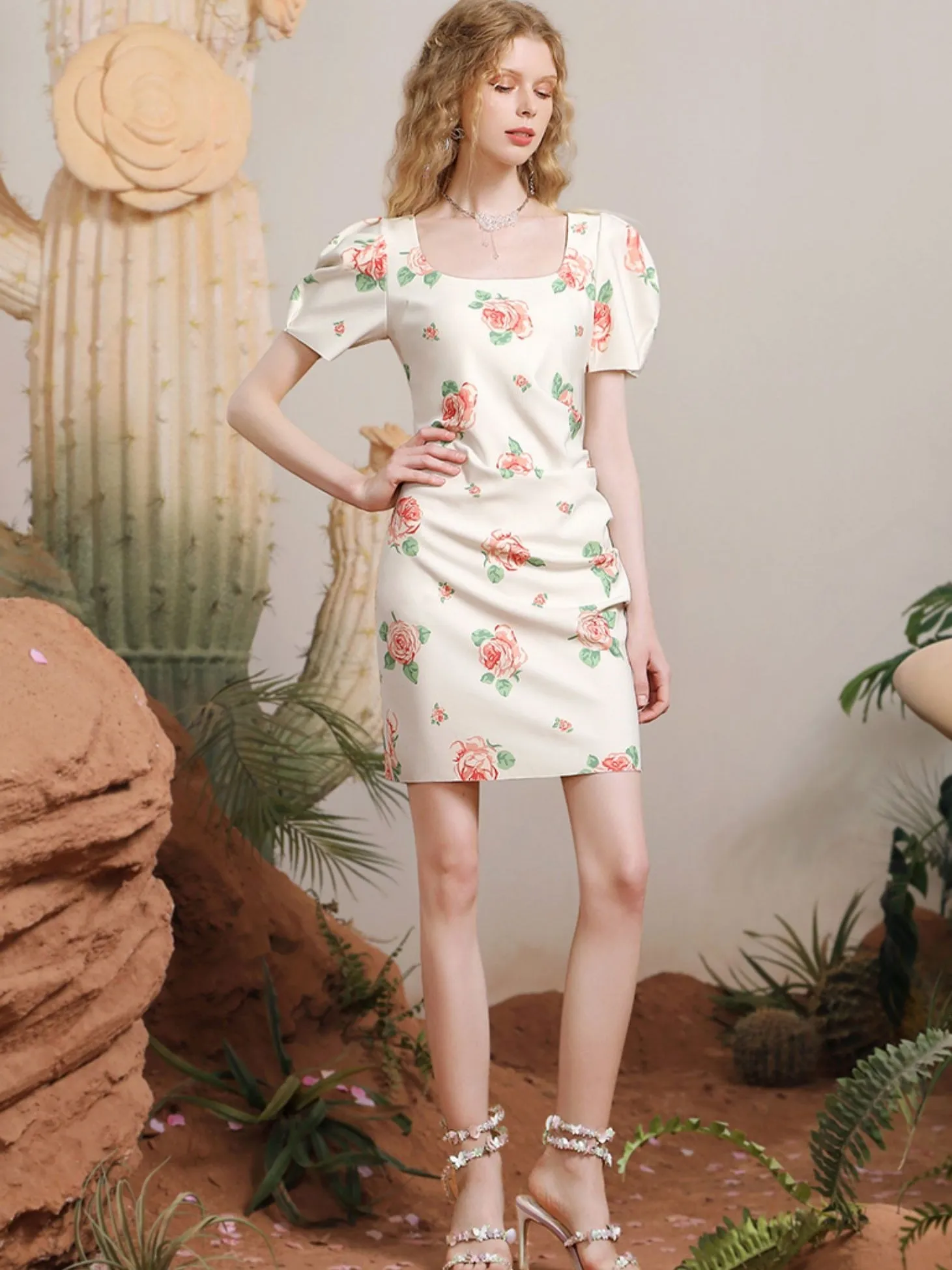 Rose Classy Feminine Dress Puff-Sleeve One-Piece
