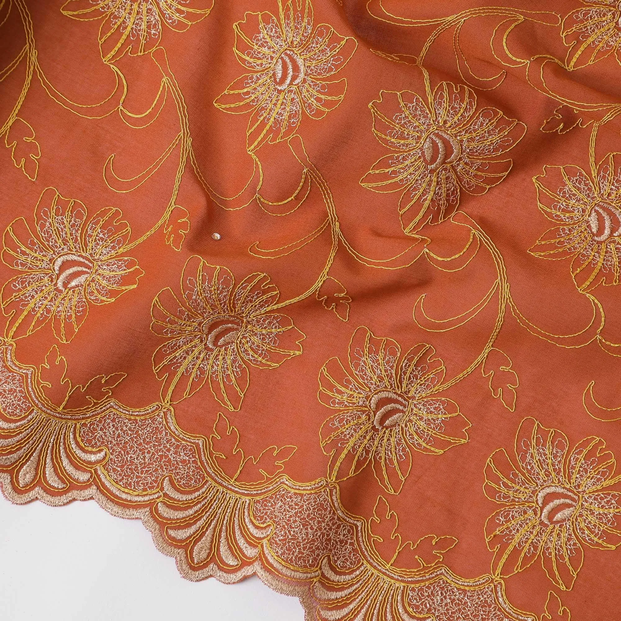 Rusty orange Premium pure 100% Swiss cotton voile (Sudanese Thobe) fabric with mustard yellow and gold embroidery having stone work in floral design-D13564