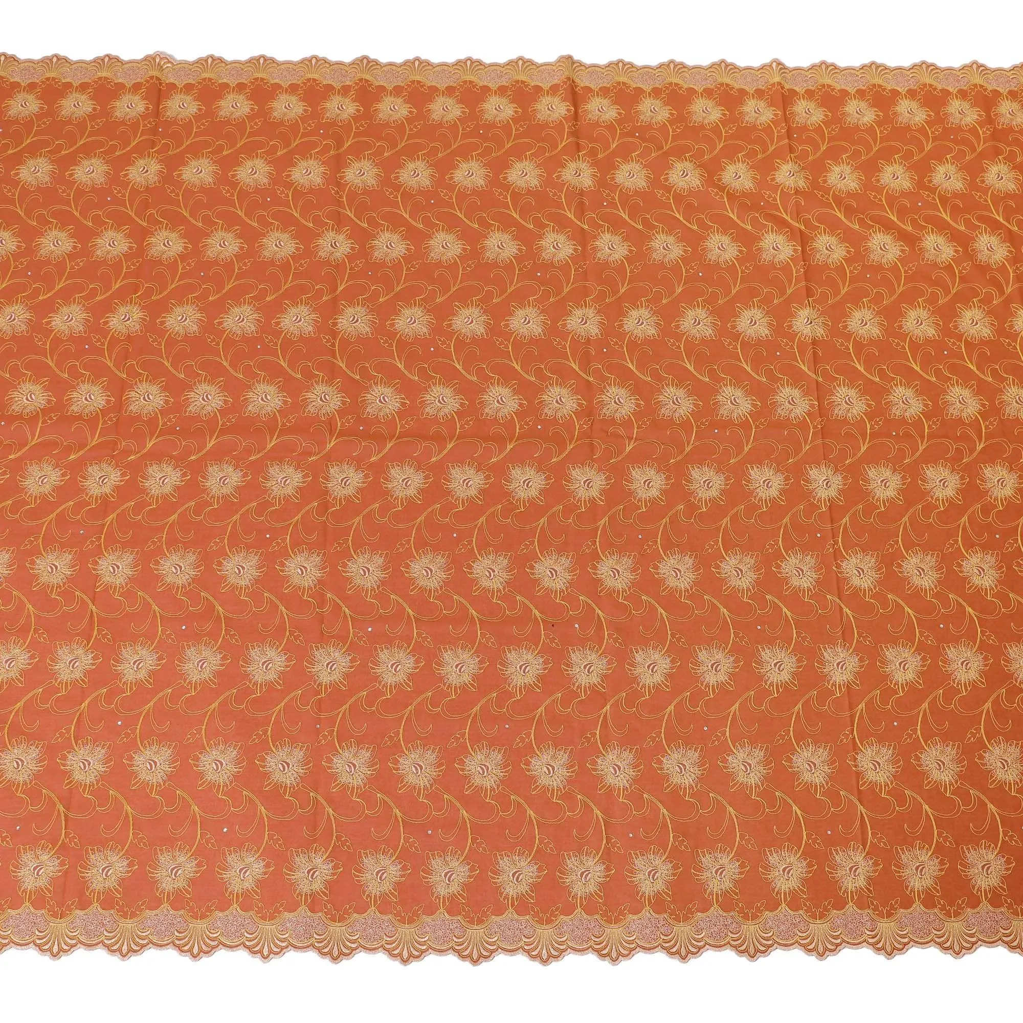 Rusty orange Premium pure 100% Swiss cotton voile (Sudanese Thobe) fabric with mustard yellow and gold embroidery having stone work in floral design-D13564