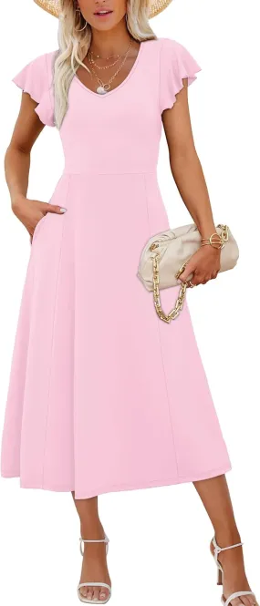 SAMPEEL Summer Dresses for Women 2025 Midi Maxi Dress Elegant Classy Ruffle Sleeve Tie Back Scoop Neck