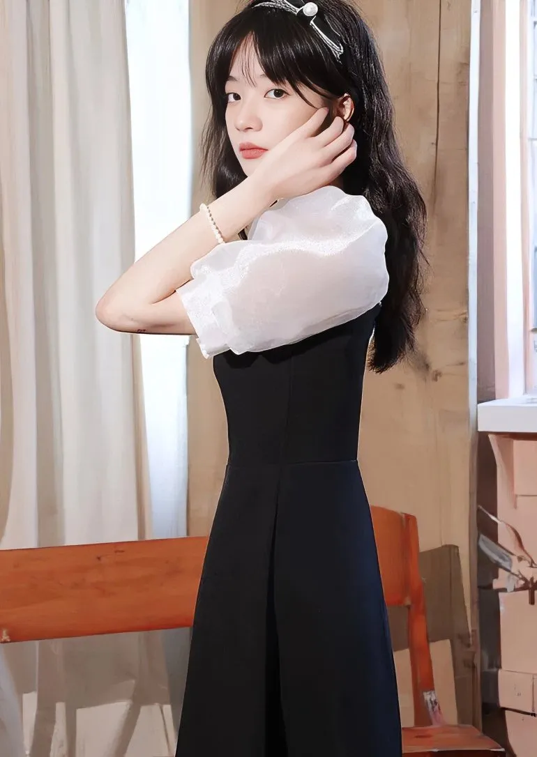 SHEER PUFF SLEEVE LONG DRESS