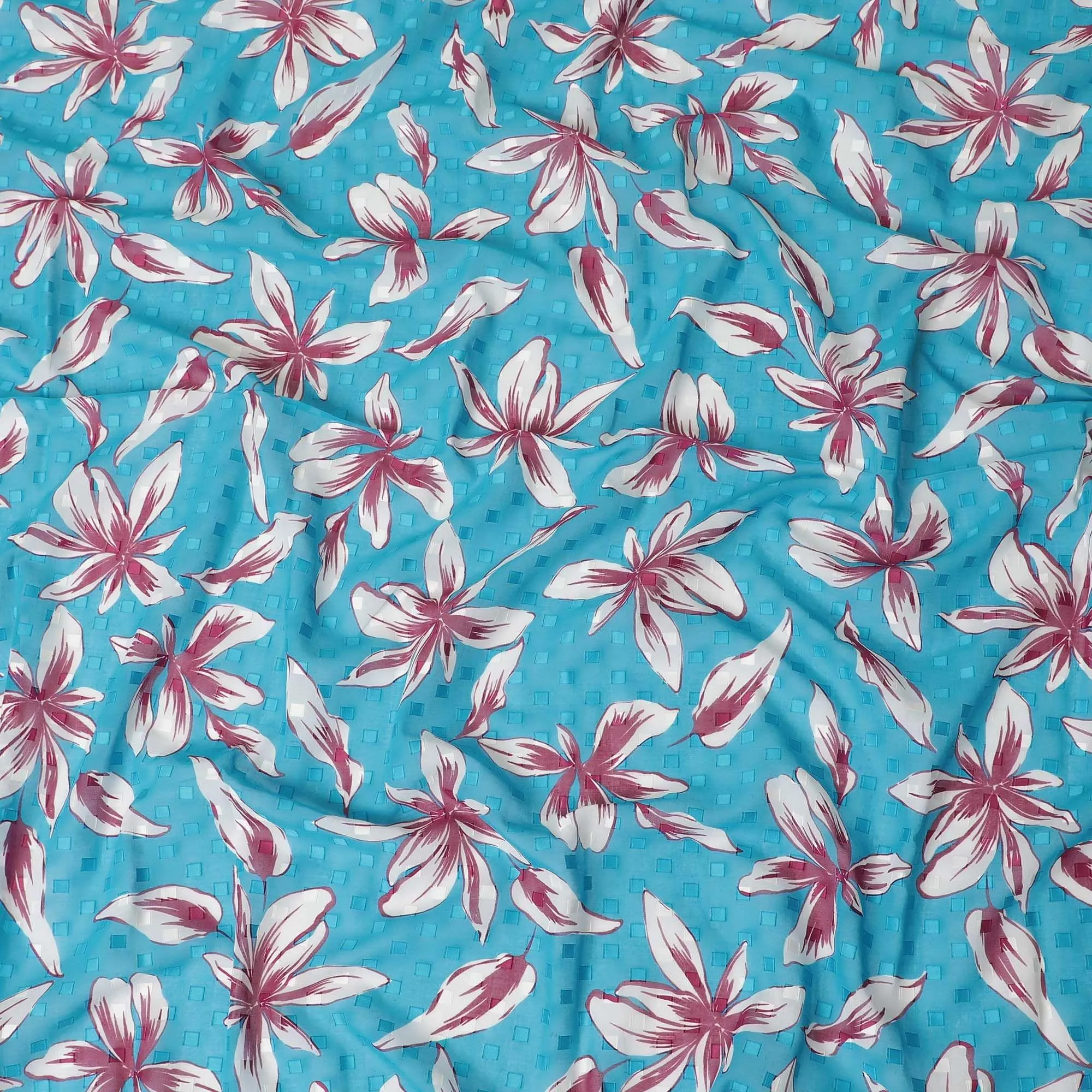 Sky blue Premium 100% swiss cotton voile (Sudanese Thobe) fabric with same tone clip cord having off white and cerise pink print in floral design-D13539