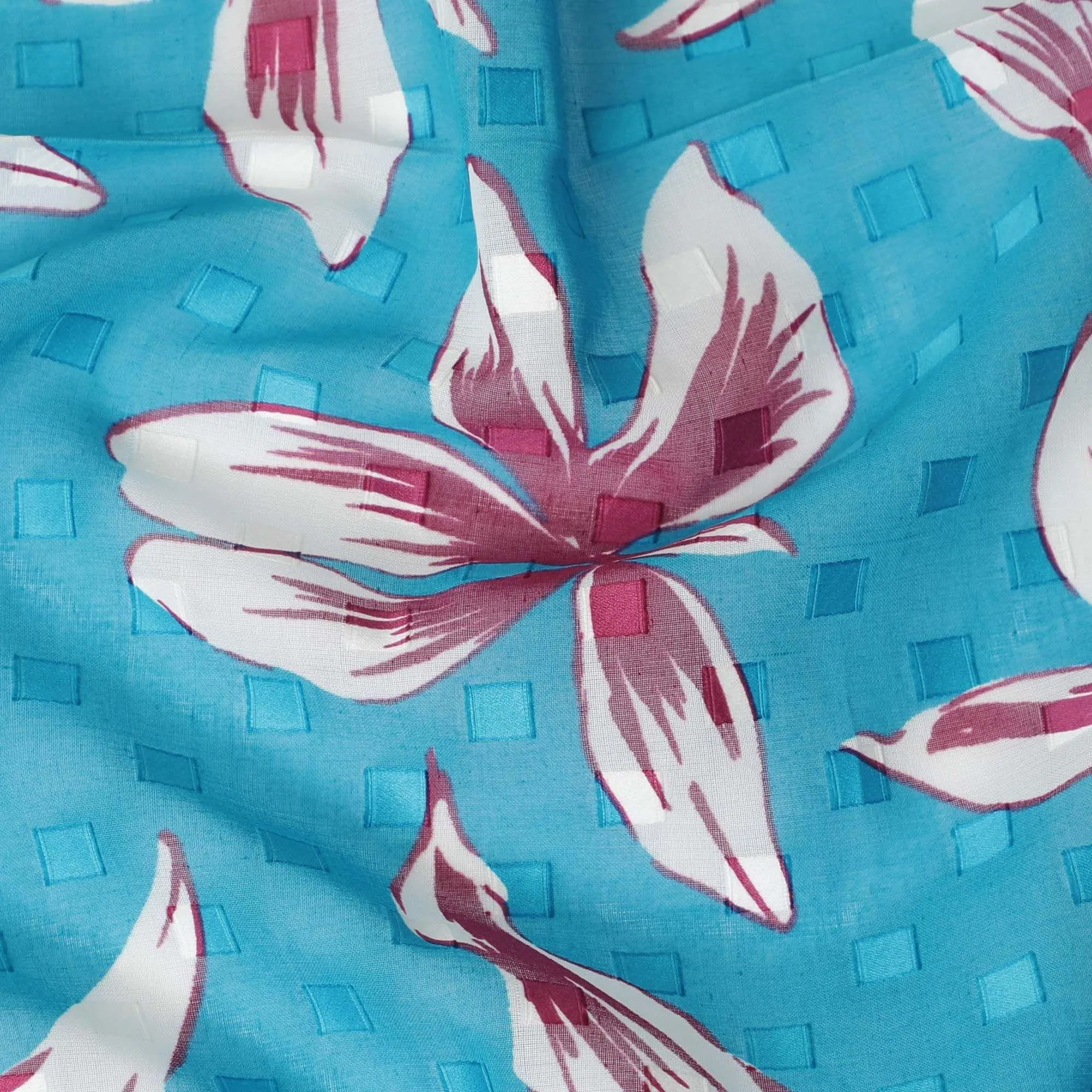 Sky blue Premium 100% swiss cotton voile (Sudanese Thobe) fabric with same tone clip cord having off white and cerise pink print in floral design-D13539