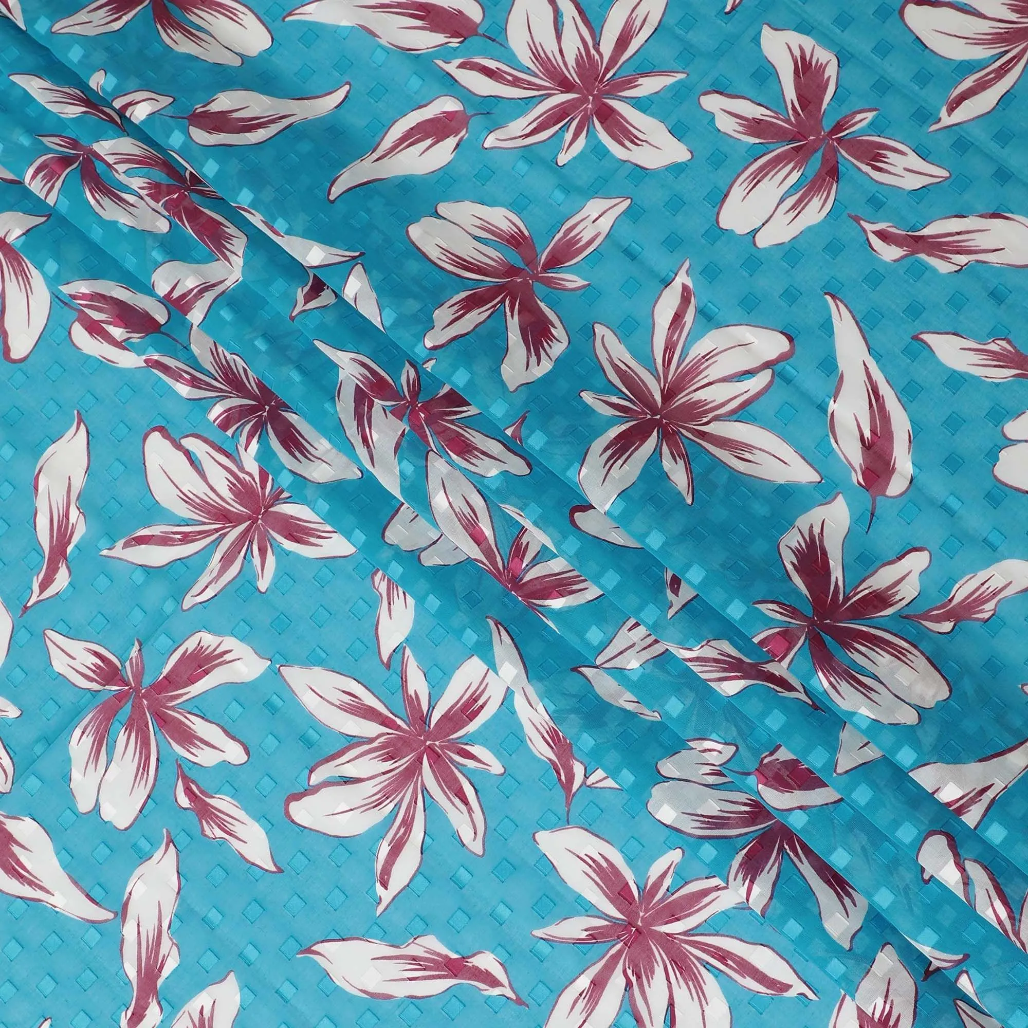 Sky blue Premium 100% swiss cotton voile (Sudanese Thobe) fabric with same tone clip cord having off white and cerise pink print in floral design-D13539