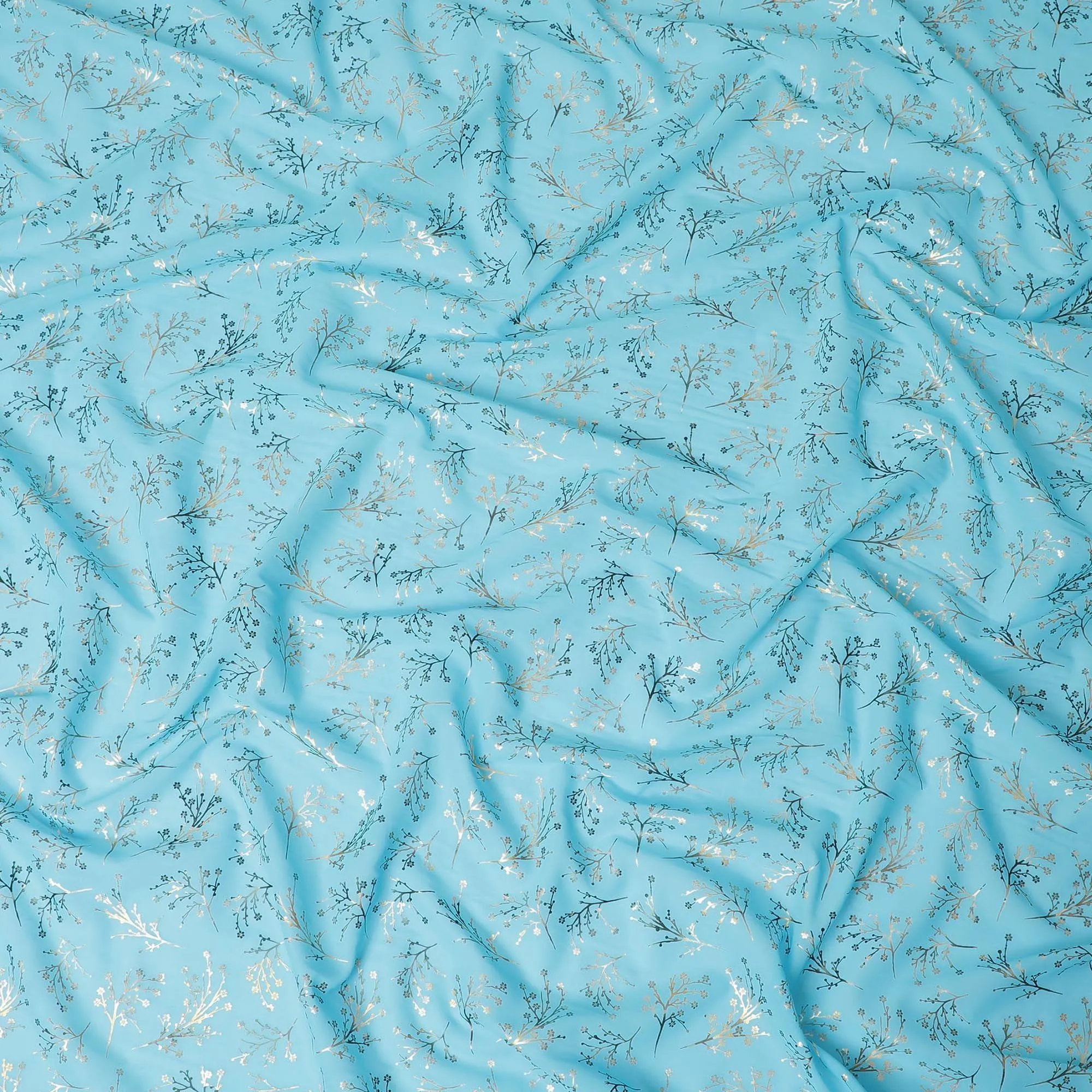 Sky blue Premium pure cotton voile fabric with gold and bottle green print in floral design-D13171