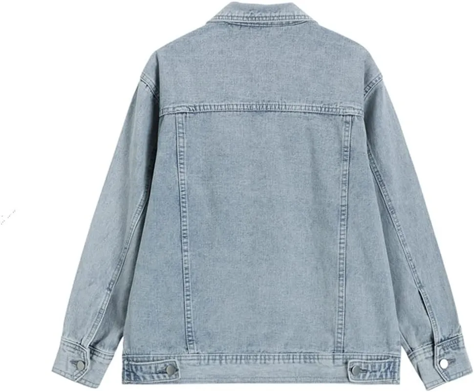Spring Vintage Denim Jacket Women Long Sleeves Loose Light Blue Jeans Coat Outerwear