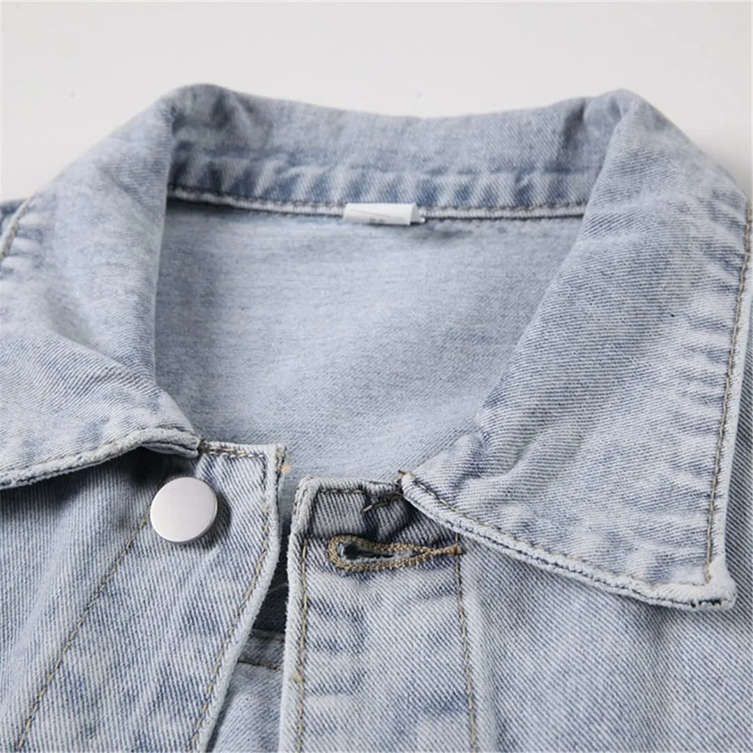 Spring Vintage Denim Jacket Women Long Sleeves Loose Light Blue Jeans Coat Outerwear