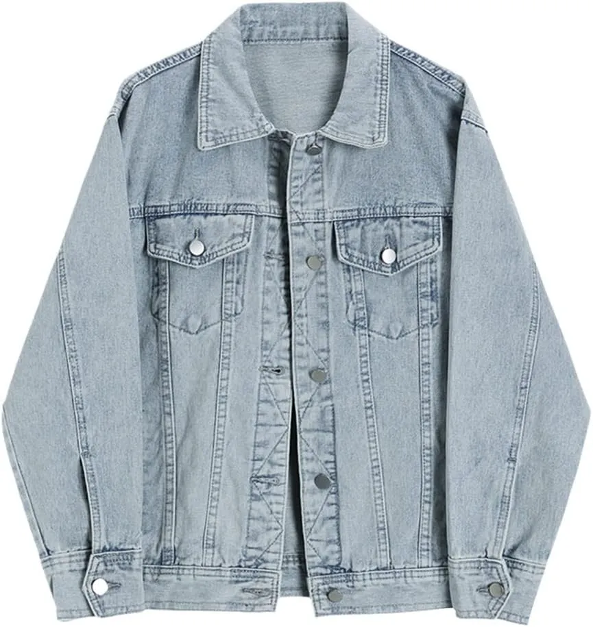 Spring Vintage Denim Jacket Women Long Sleeves Loose Light Blue Jeans Coat Outerwear