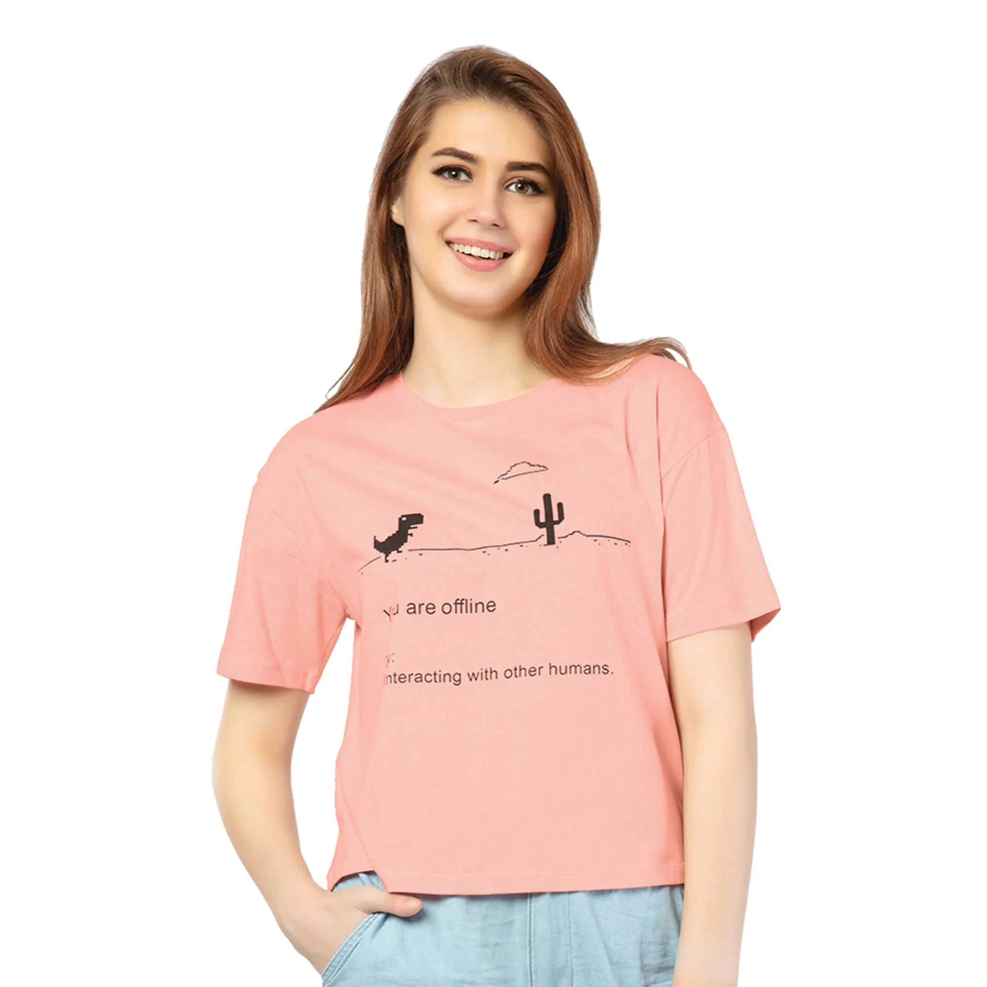 SRF-24099-Cotton-Offline Mode  Relaxed Fit T-Shirt-Peach