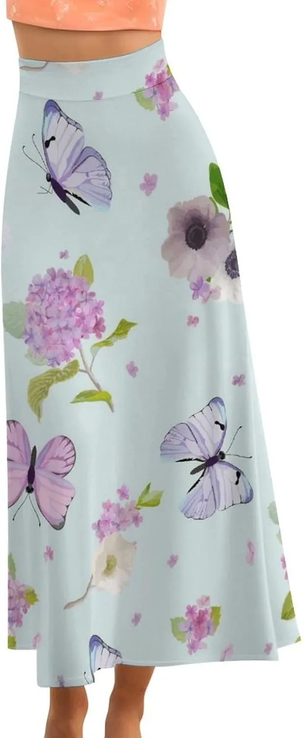 Stylish Butterfly Florals Thai Style Maxi Skirt High Waist Invisible Zip Ruffled Flowy Autumn Skirt