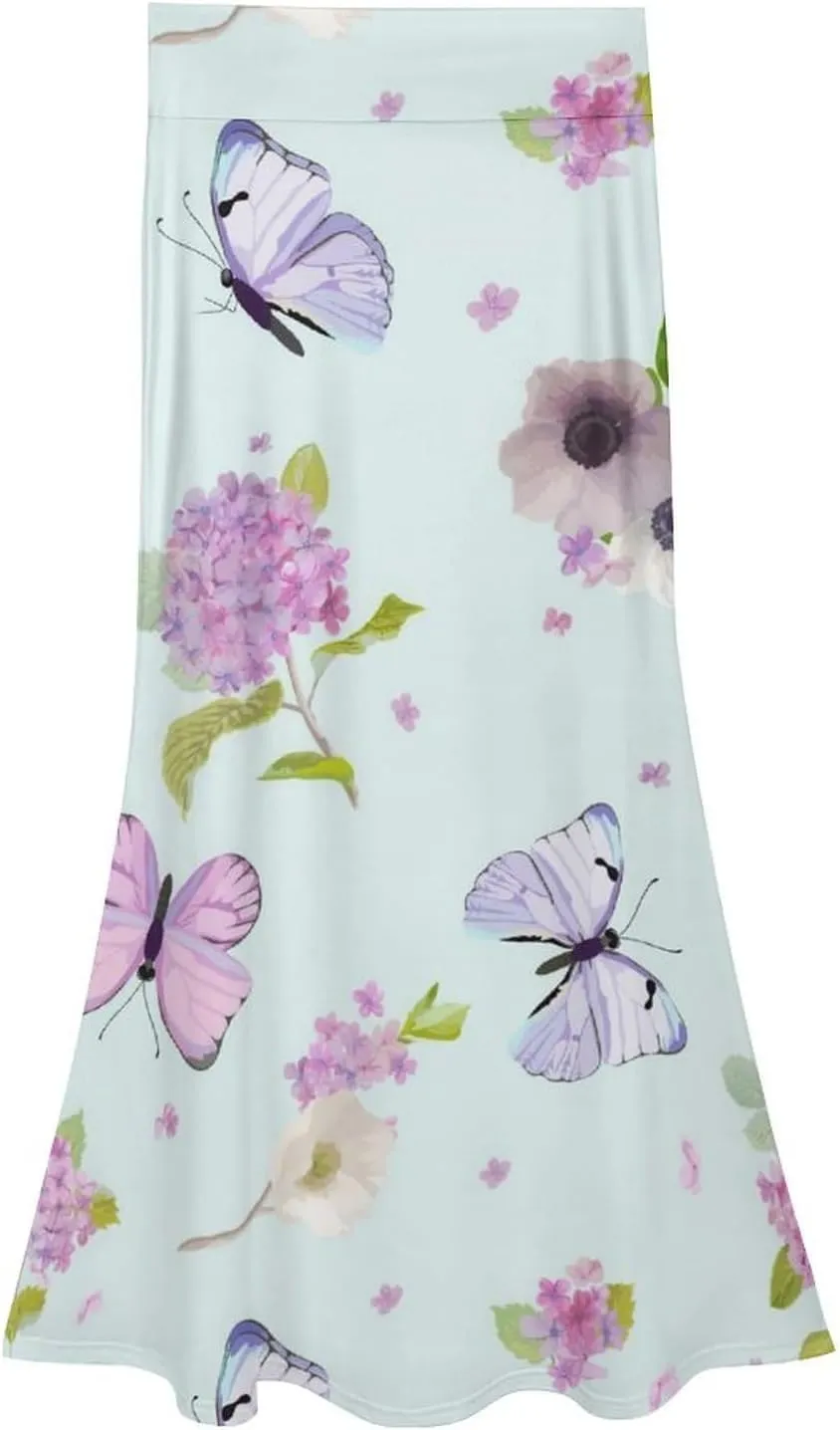 Stylish Butterfly Florals Thai Style Maxi Skirt High Waist Invisible Zip Ruffled Flowy Autumn Skirt