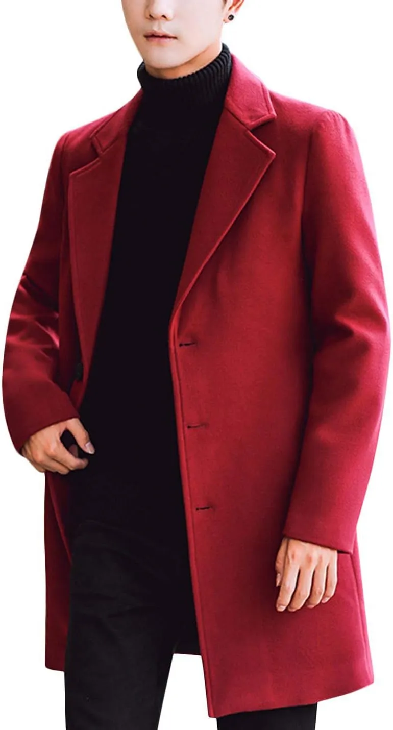 Tanming Mens Black Trench Coat Notched Lapel Single Breasted Long Peacoat Overcoat