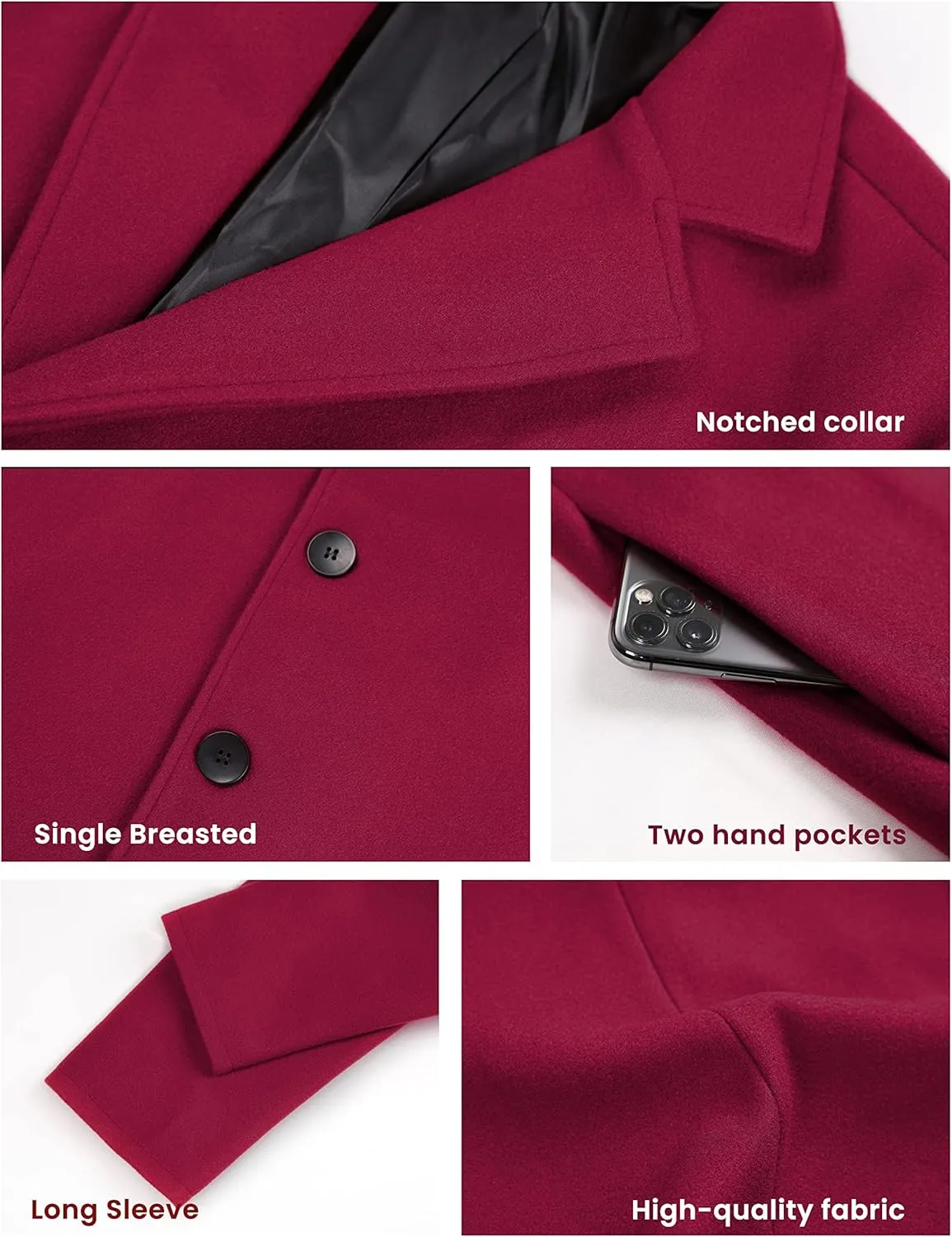 Tanming Mens Black Trench Coat Notched Lapel Single Breasted Long Peacoat Overcoat