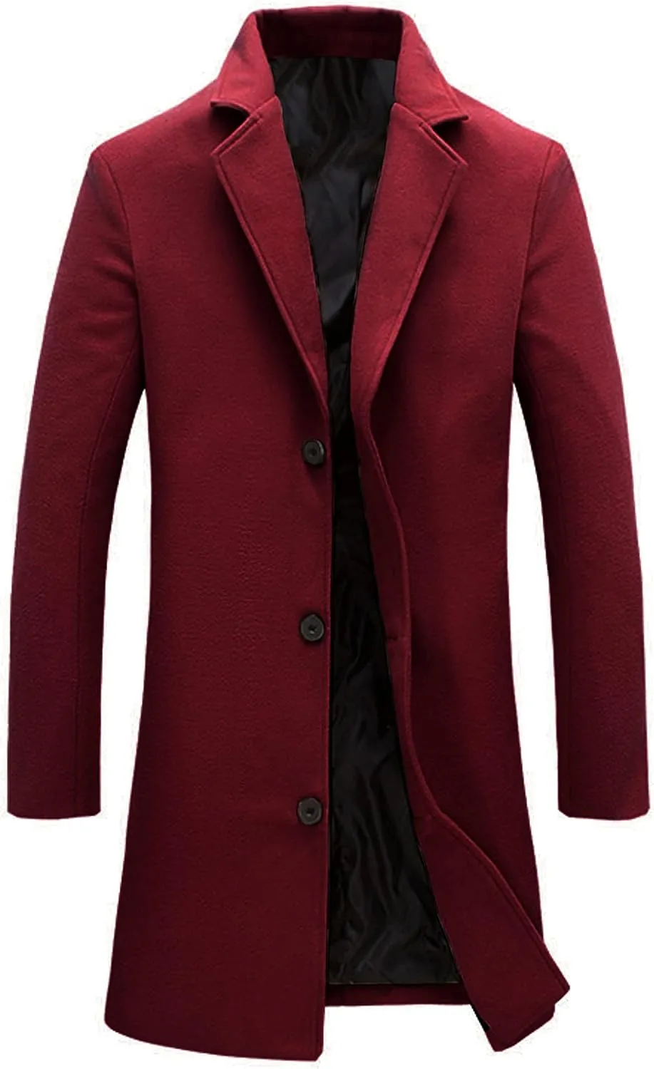 Tanming Mens Black Trench Coat Notched Lapel Single Breasted Long Peacoat Overcoat