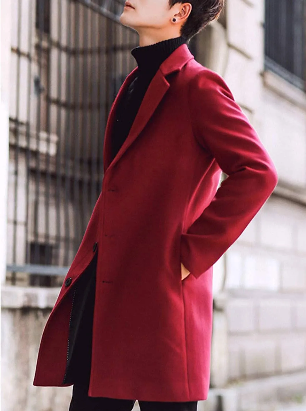 Tanming Mens Black Trench Coat Notched Lapel Single Breasted Long Peacoat Overcoat