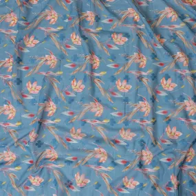 Turkish blue cotton voile fabric with same tone clipcord having multicolor print in floral design-D9061