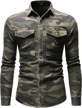 utcoco Men's Casual Slim Fit Long Sleeve Lapel Button Down Denim Shirt with Chest Pockets