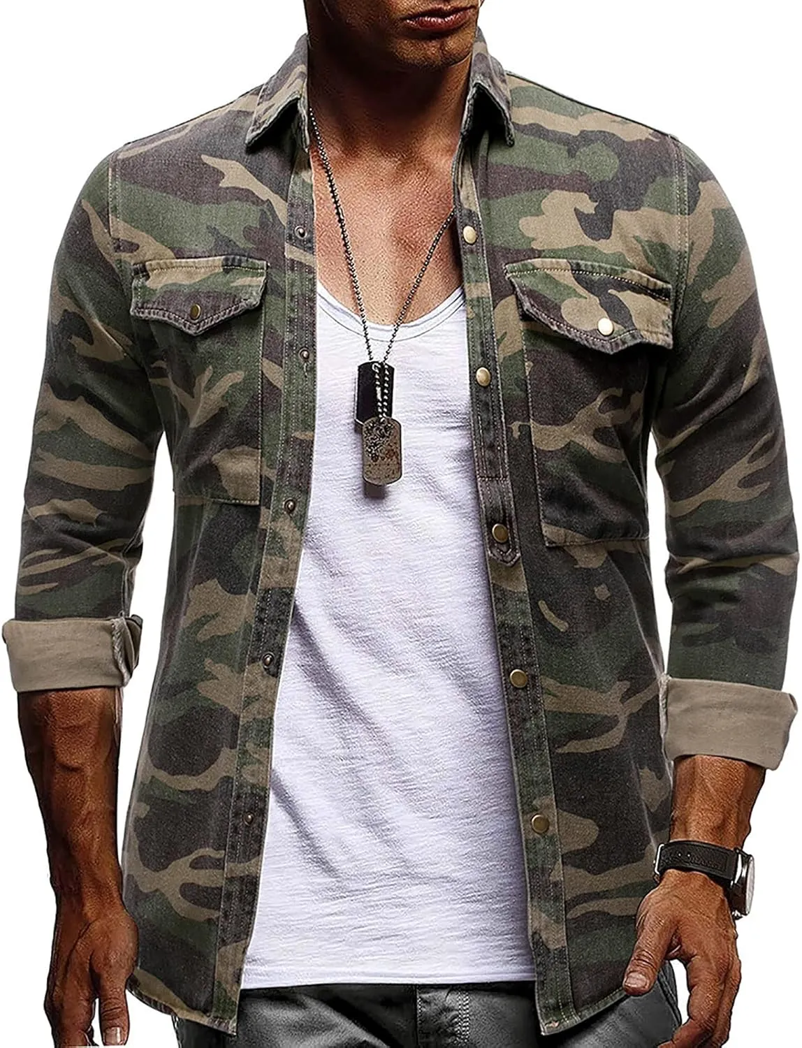 utcoco Men's Casual Slim Fit Long Sleeve Lapel Button Down Denim Shirt with Chest Pockets