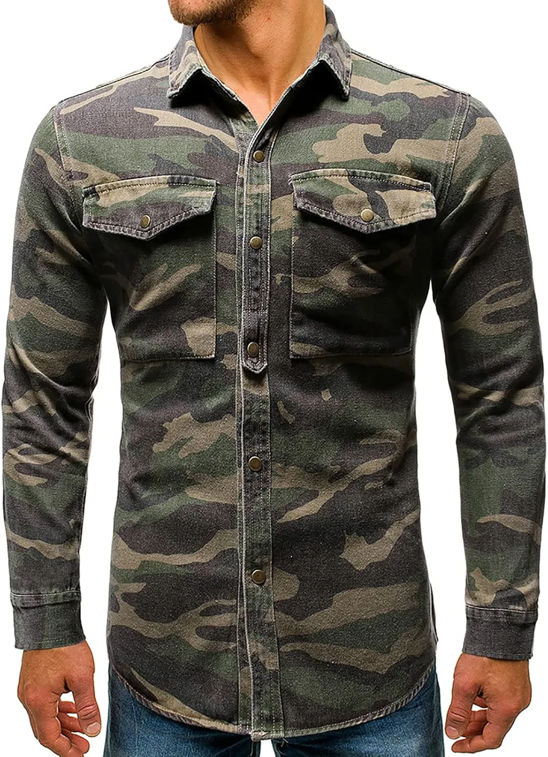 utcoco Men's Casual Slim Fit Long Sleeve Lapel Button Down Denim Shirt with Chest Pockets