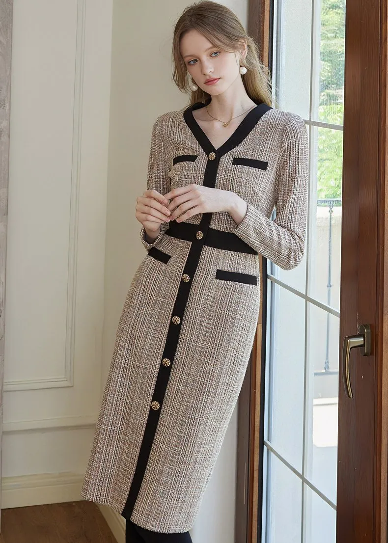 V-NECK WOVEN SLIM DRESS