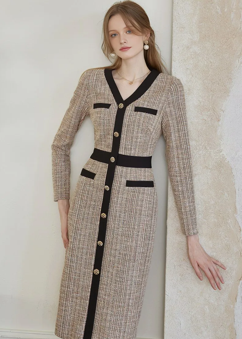 V-NECK WOVEN SLIM DRESS