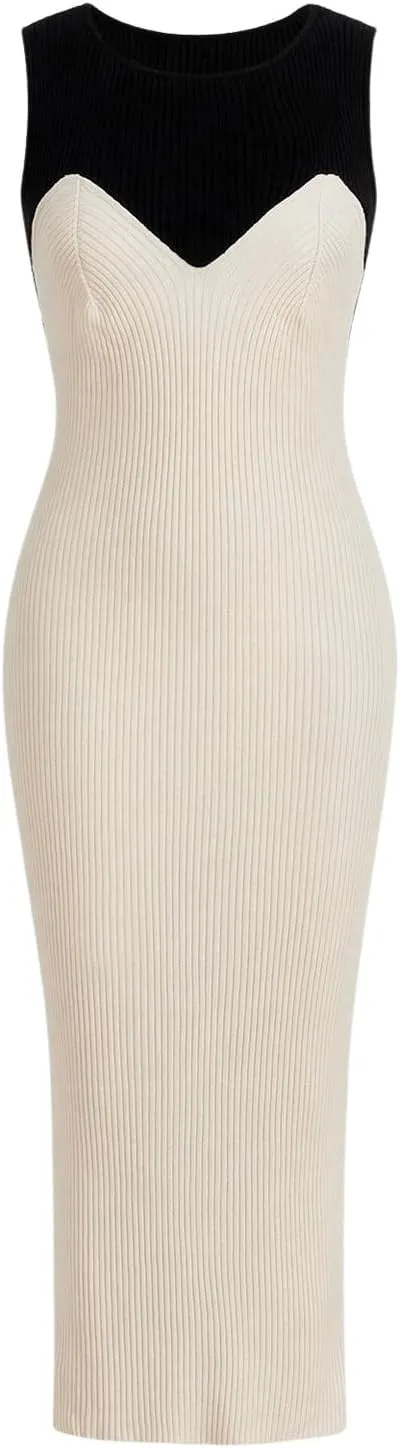 Verdusa Women's Fall Dress Sweater Dress Midi Dress Color Block Knit Bodycon Dress Prom Long Pencil Dress