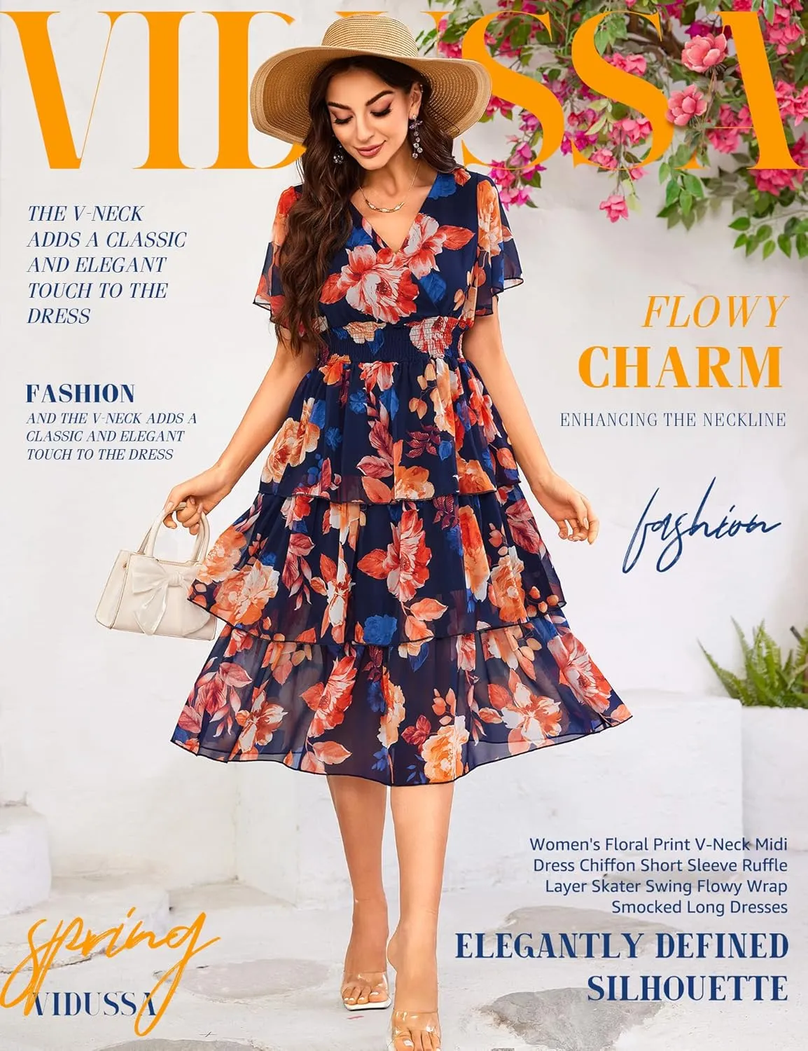 VIDUSSA Womens Floral V Neck Ruffle Tiered Layered Chiffon Flowy Swing Long Midi Dress Short Sleeve Smocked Dresses