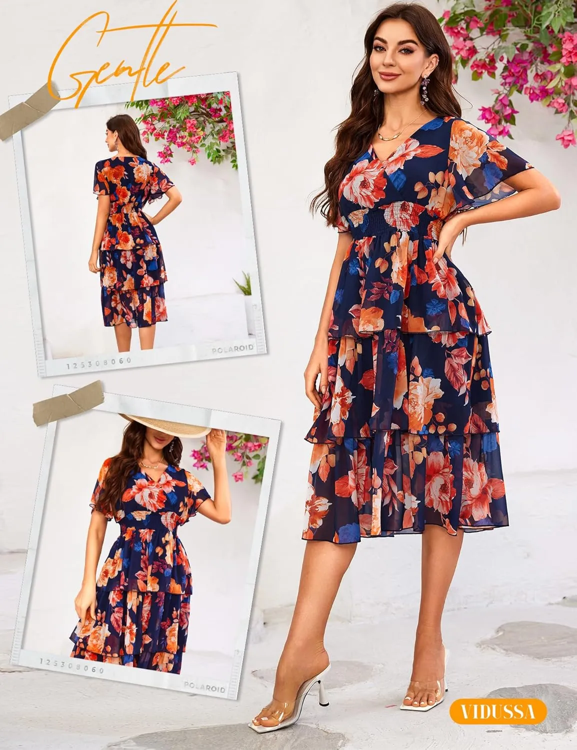 VIDUSSA Womens Floral V Neck Ruffle Tiered Layered Chiffon Flowy Swing Long Midi Dress Short Sleeve Smocked Dresses
