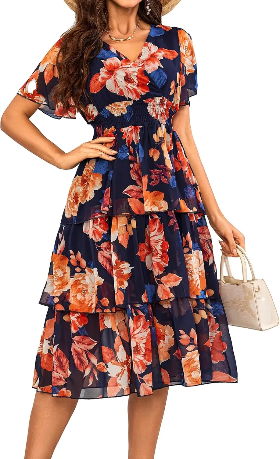 VIDUSSA Womens Floral V Neck Ruffle Tiered Layered Chiffon Flowy Swing Long Midi Dress Short Sleeve Smocked Dresses
