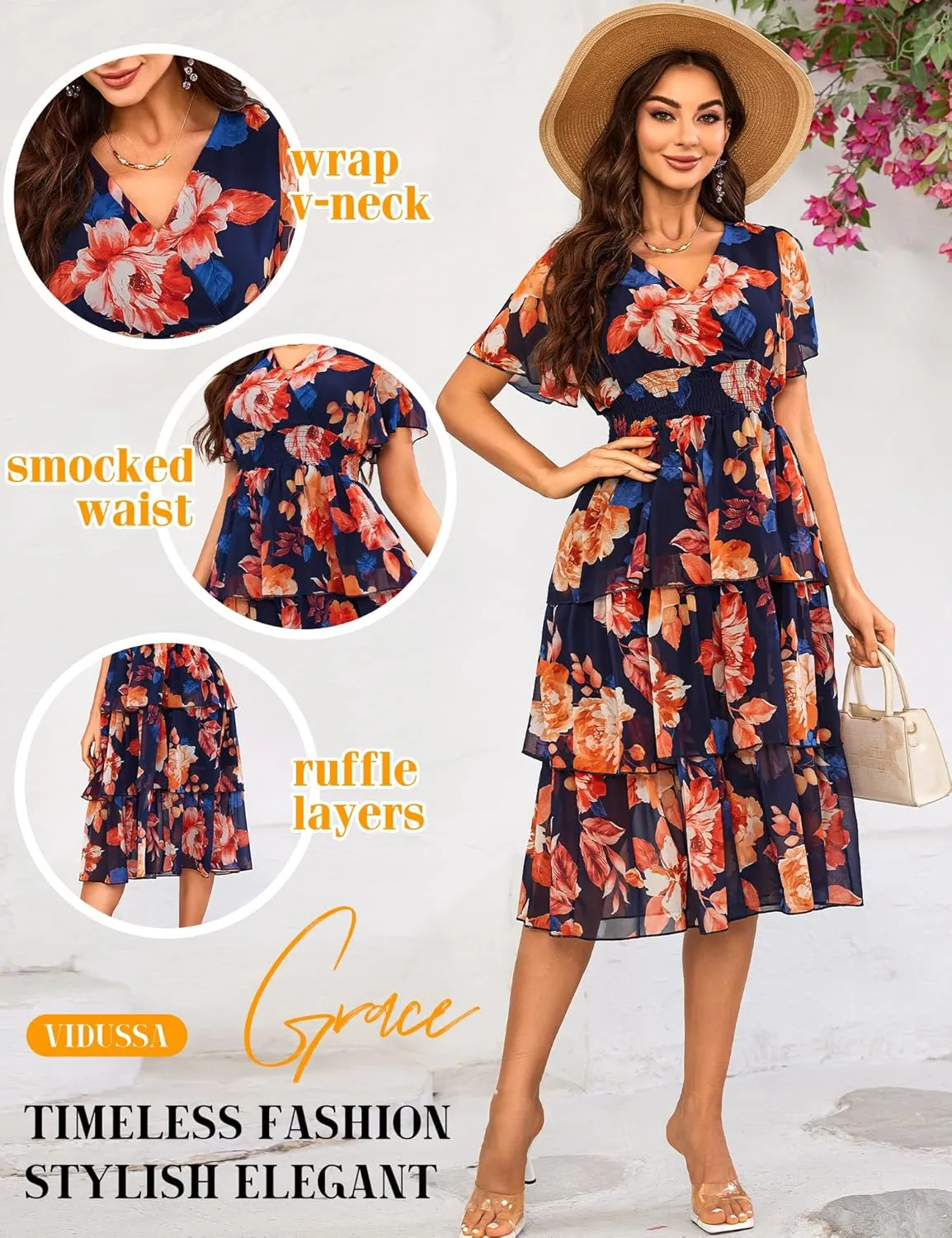 VIDUSSA Womens Floral V Neck Ruffle Tiered Layered Chiffon Flowy Swing Long Midi Dress Short Sleeve Smocked Dresses