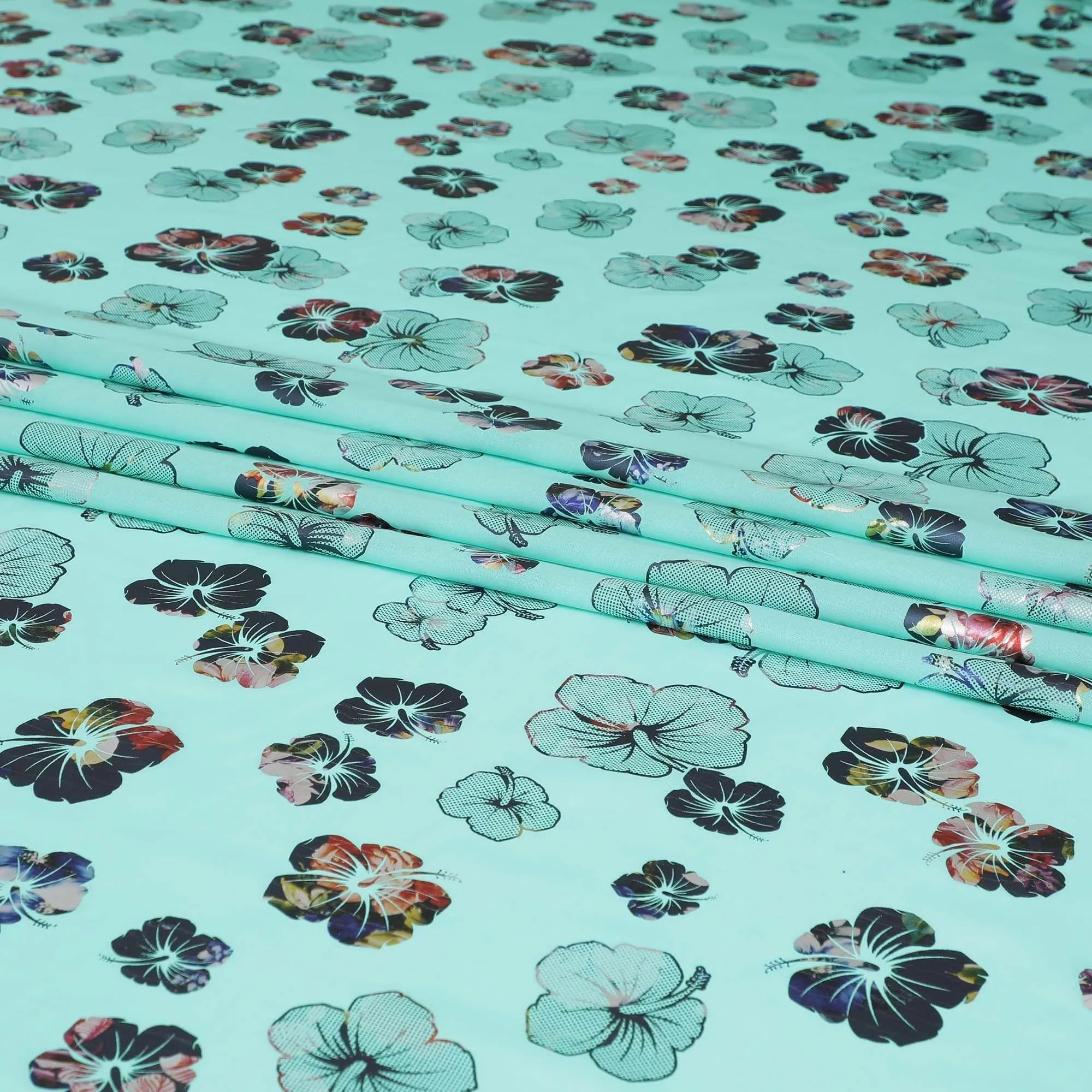 Vista blue cotton voile fabric with multicolor metallic foil print in floral design-D6750