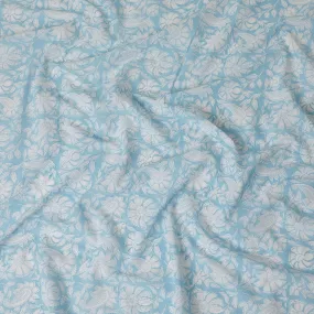White cotton voile fabric with baby blue print in floral design-D15416