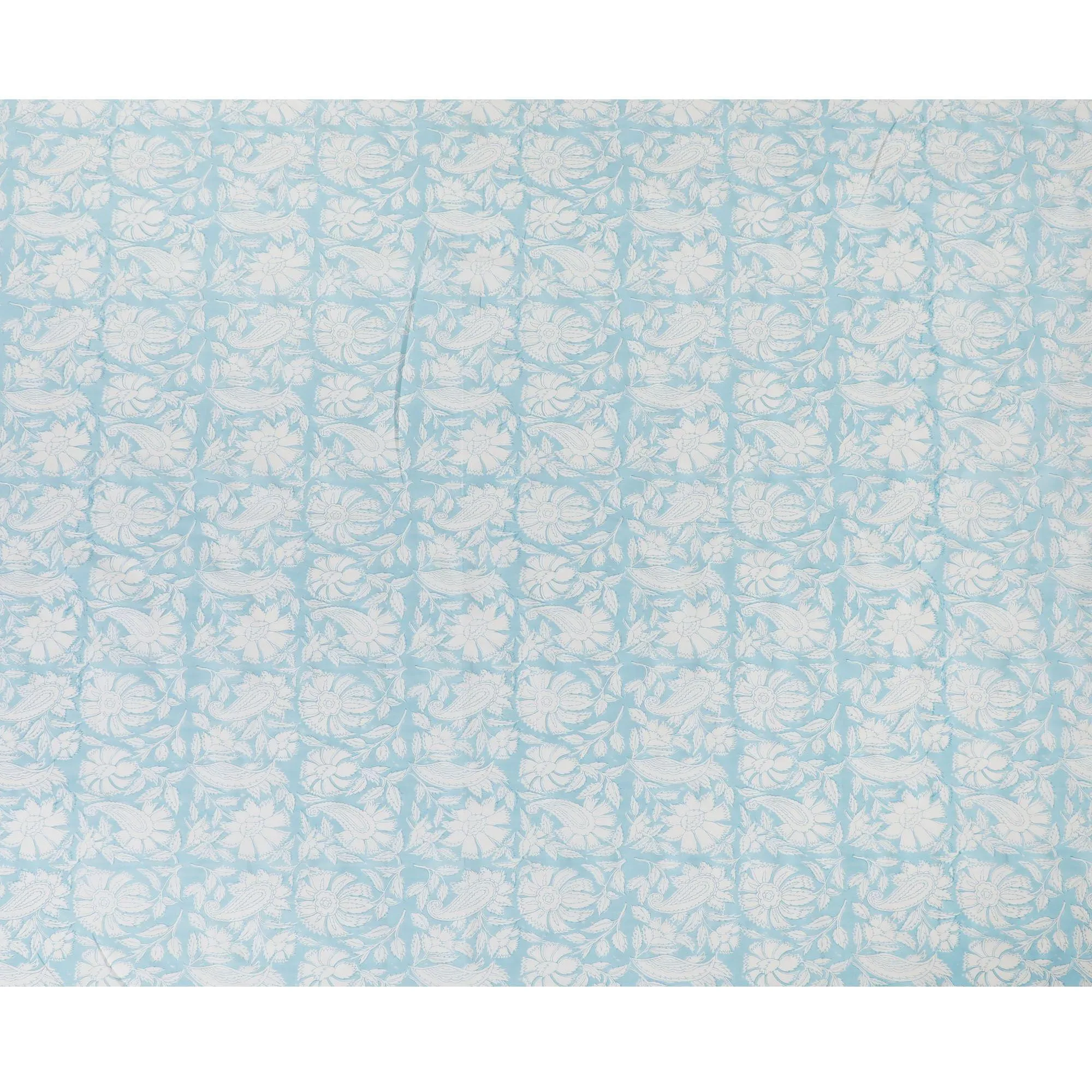 White cotton voile fabric with baby blue print in floral design-D15416