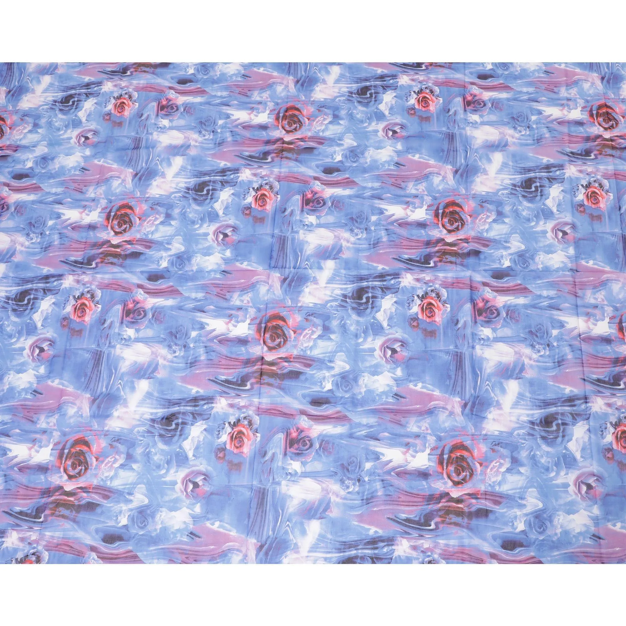 White Swiss 100% cotton voile fabric with blue, lavender, off white and cerise pink print in floral design-D7211