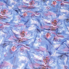 White Swiss 100% cotton voile fabric with blue, lavender, off white and cerise pink print in floral design-D7211