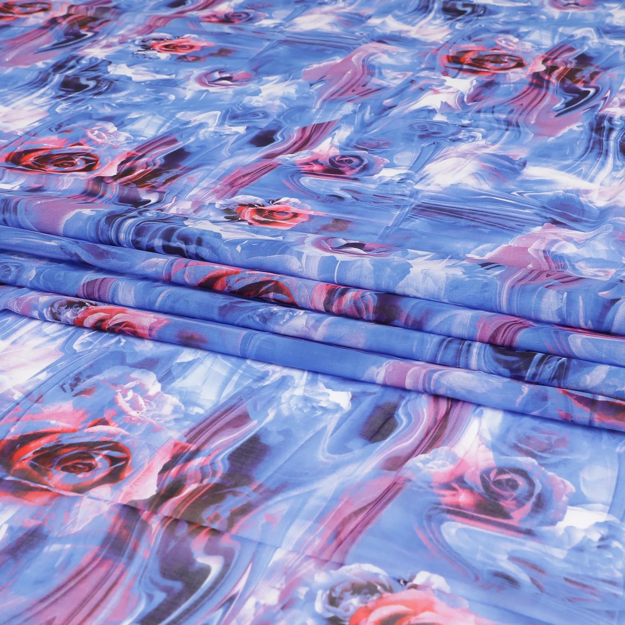 White Swiss 100% cotton voile fabric with blue, lavender, off white and cerise pink print in floral design-D7211
