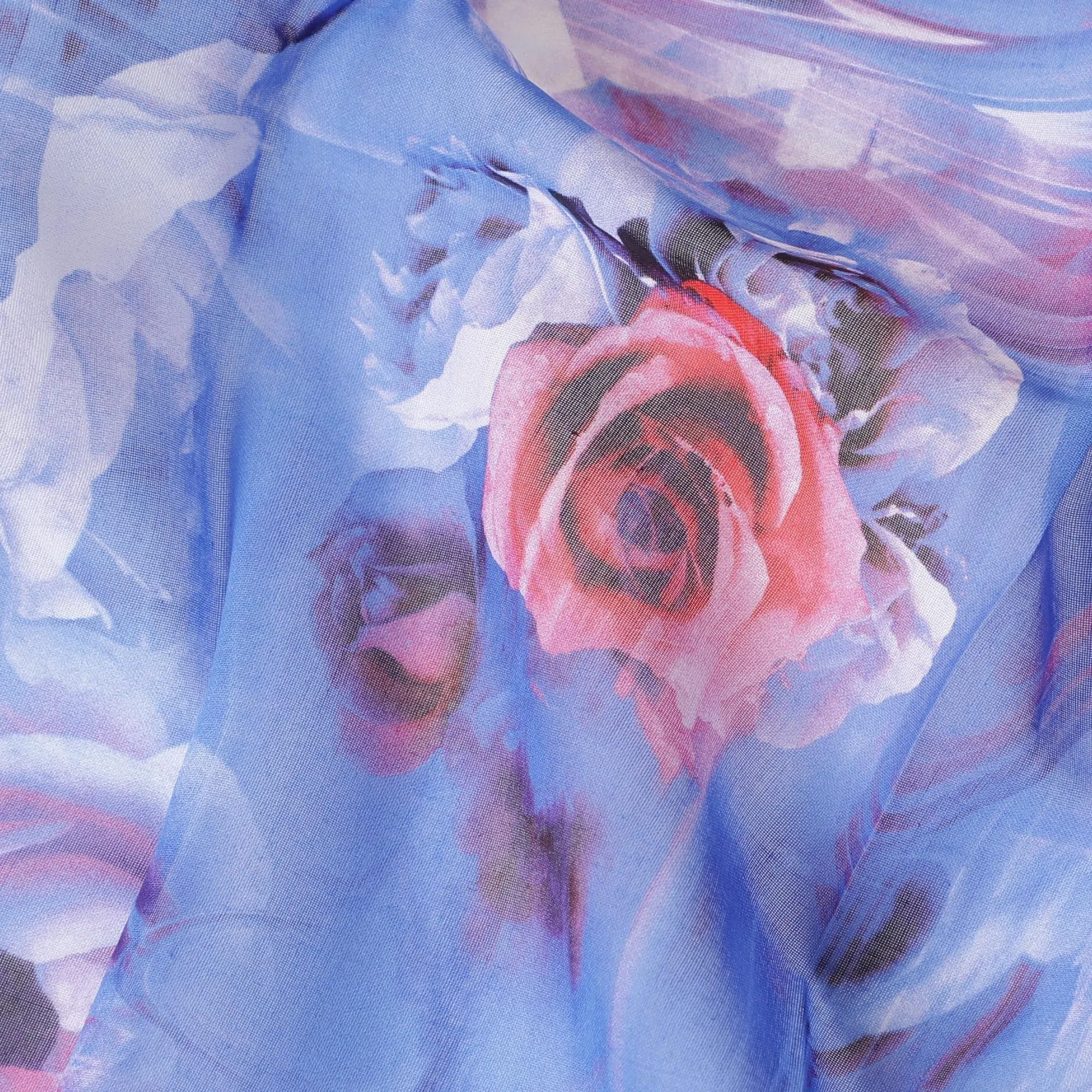 White Swiss 100% cotton voile fabric with blue, lavender, off white and cerise pink print in floral design-D7211
