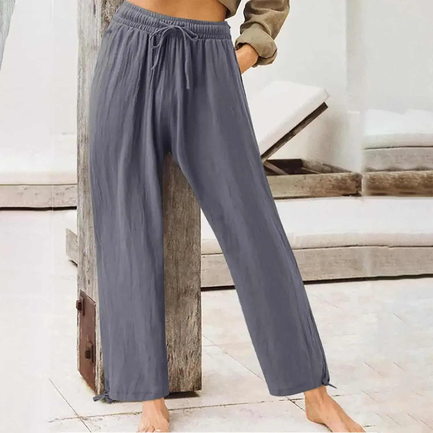 Wide Leg Pants for Women Comfy Linen Pants Light Weight Fit Summer Loose High Waist Palazzo Trousers with Pockets