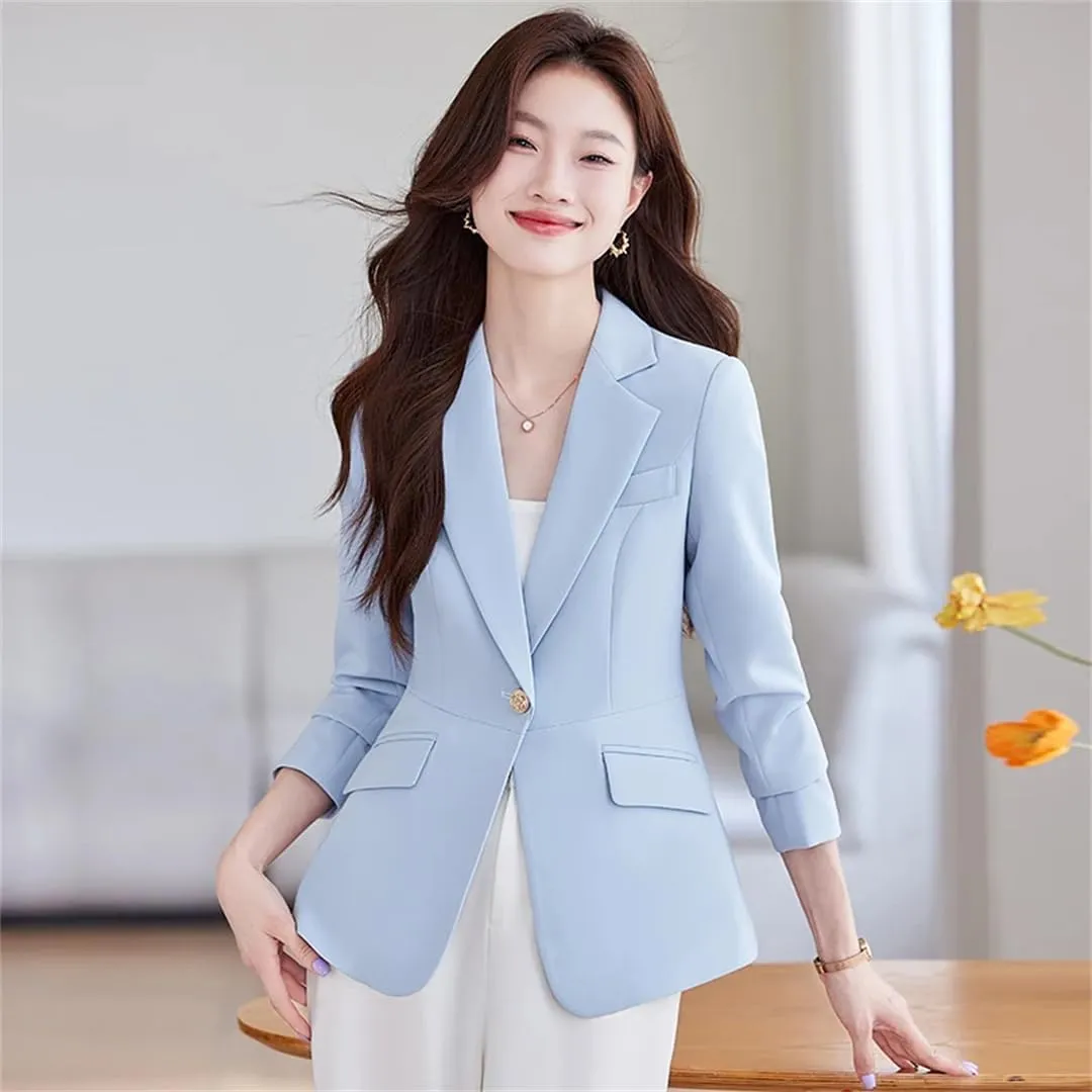 Women Long Sleeve Work Wear Office Uniform Blazer Outerwear Light Blue Jacket