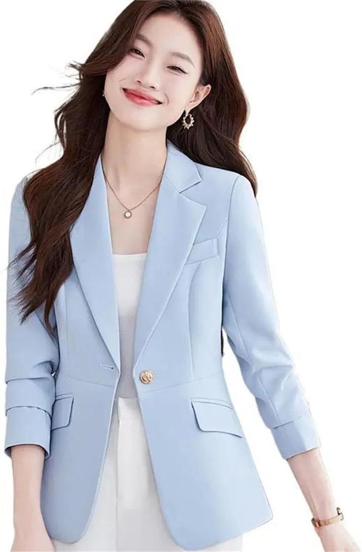 Women Long Sleeve Work Wear Office Uniform Blazer Outerwear Light Blue Jacket