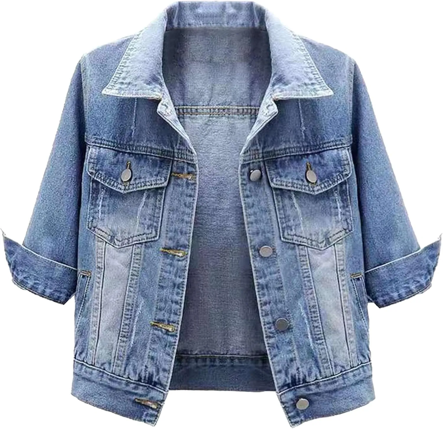 Women's 3/4 Sleeve Colored Cropped Denim Jacket Light Wash Short Jean Jacket Trucker Coat Light Jackets for Women
