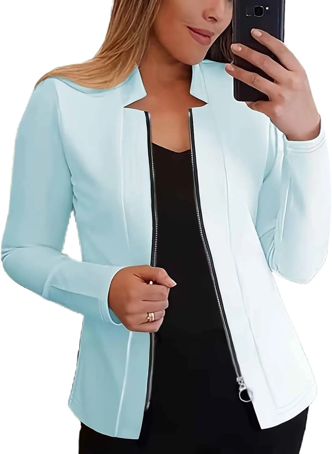 Womens Blazer Jackets Zip up Open Front Cardigan Jacket Casual Long Sleeve Work Office Suit Crop Outerwear