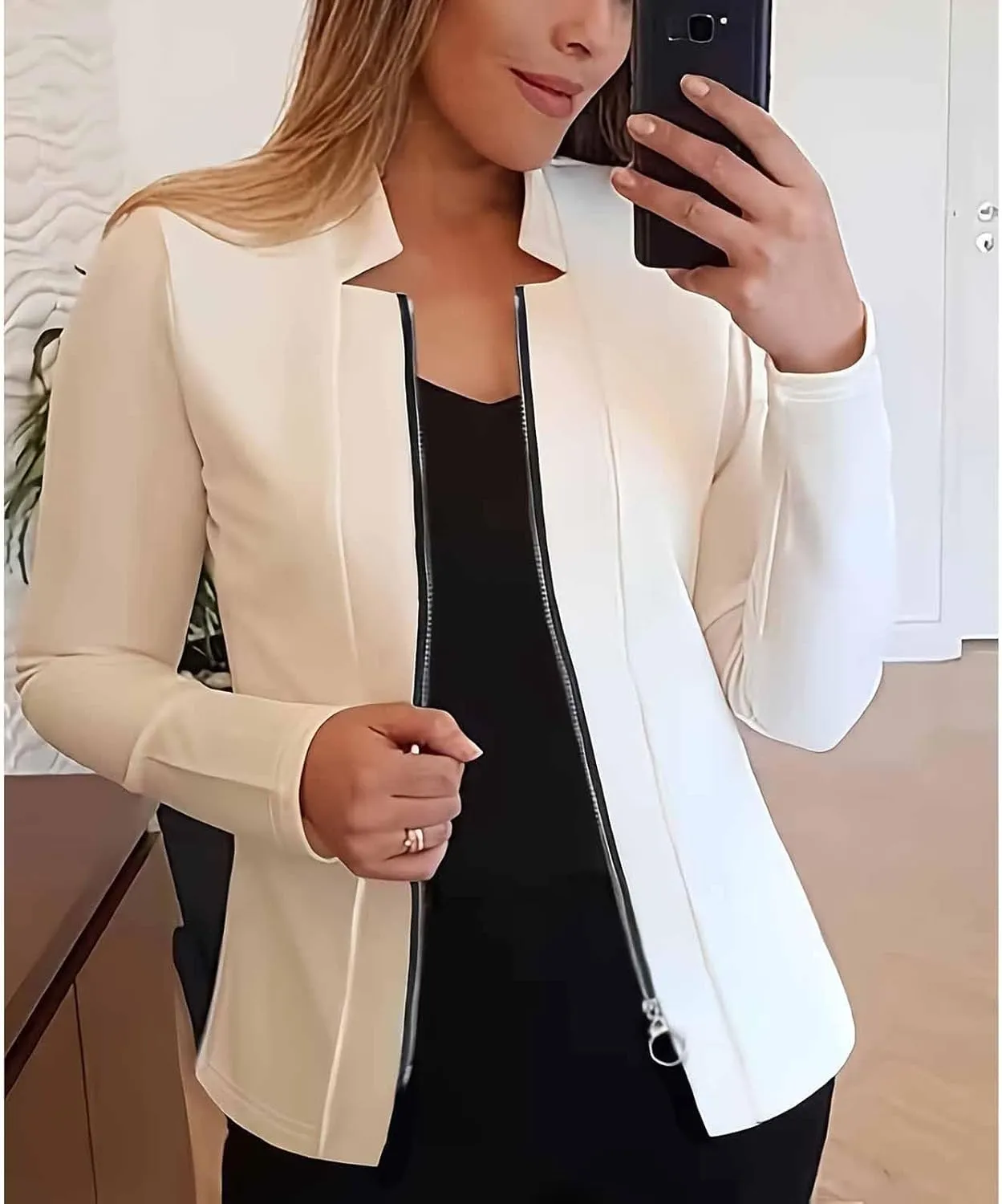 Womens Blazer Jackets Zip up Open Front Cardigan Jacket Casual Long Sleeve Work Office Suit Crop Outerwear